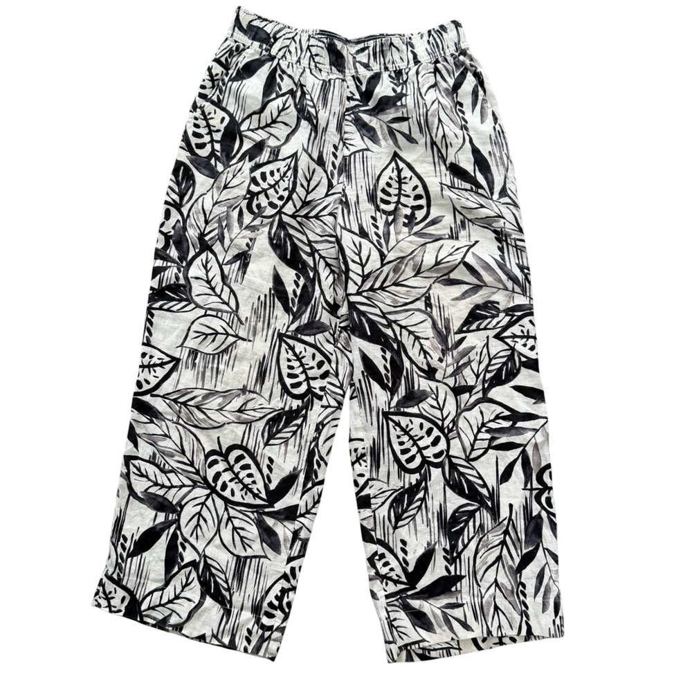 Tahari Womens 100% Linen Wide Leg Pants Medium Black White‎ Tropical Leaf Print